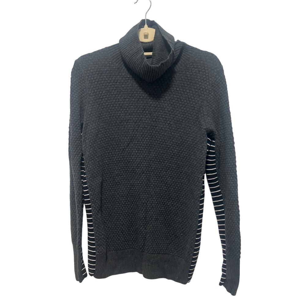 Athleta Merino Wool Gray Black White Side Stripes Cowl Turtleneck Sweater XL
